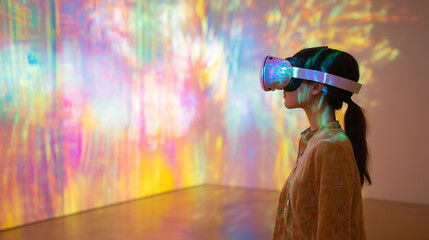 Person Using VR Glasses in a Bright Room, with Colorful Digital Projections on the Wall Behind Them, showcasing innovation