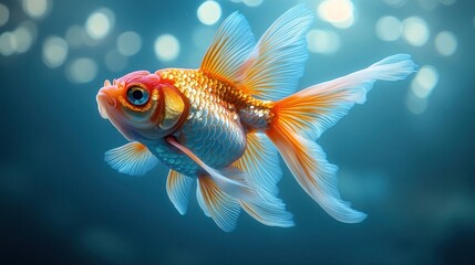 Fototapeta premium A single goldfish with orange and white scales swims in a blue tank, with bokeh lights in the background.