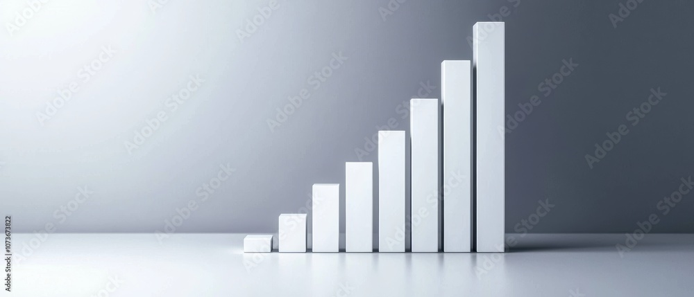 Poster geometric 3d bar graph in white, ascending columns on a plain background, modern and clean visualiza