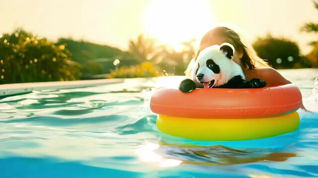 A cute panda With a smiling girl floats on an inflatable ring in a pool under sunlight, evoking summer vibes and relaxation. Perfect for concepts of leisure, cuteness, and nature enjoyment.