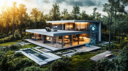 Obraz premium Modern luxury home with a swimming pool, a deck, and large windows overlooking a lush green forest.