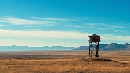 A lone wooden tower stands tall in a vast, open plain against a backdrop of distant mountains and a clear blue sky.