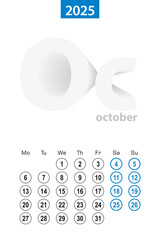 Calendar for October 2025, blue circle design. English language, week starts on Monday.