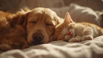 Obraz premium A golden retriever dog and a ginger kitten sleep soundly together on a bed.