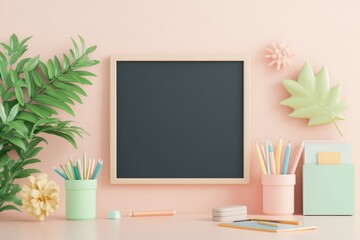 Pastel Desk Mockup: Blank Chalkboard Mockup on a Pastel Pink Desk with Colorful Stationery and Plants. Perfect for showcasing your designs or artwork. 