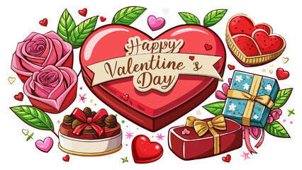 Generative AI Valentine's Day vector illustration featuring a heart-shaped chocolate box, red roses, and love-themed elements like ribbons and playful cupids