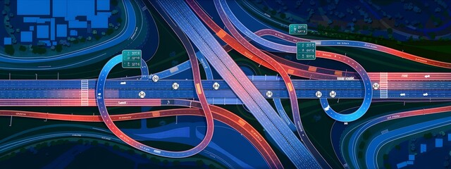 Aerial view of a complex highway interchange at night, illuminated by glowing lines tracing the path of traffic.