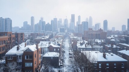 A snow covered street in front of a foggy city skyline.