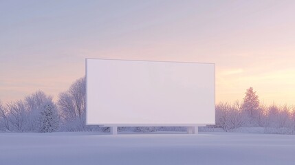 Obraz premium Captivating Winter Sunset Scene with Blank White Billboard - Perfect Christmas Eve Setting with Silhouetted Trees and Frosty Ground