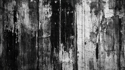 Fototapeta premium A close-up of a weathered concrete wall with vertical streaks of dark paint and chipped paint, creating a textured and abstract background.