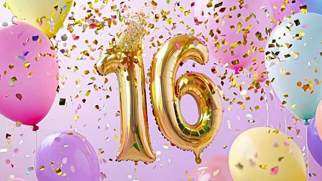 A lively celebration marking a 16th birthday with bright balloons and confetti creating a festive ambiance for the special day on pink backdrop
