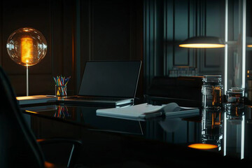 Modern office desk with laptop, open notebook, and lamp.