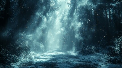 A mystical forest scene illuminated by soft light and floating particles.
