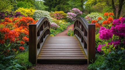 A wooden bridge leads through a garden of vibrant pink, orange, and white flowers.