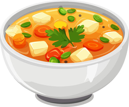 soup bowl, orange broth, vegetables, white bowl clip art preview