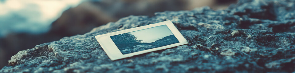 Mysterious Faded - A vintage Polaroid photo, its image fading away, resting on a rough stone table.