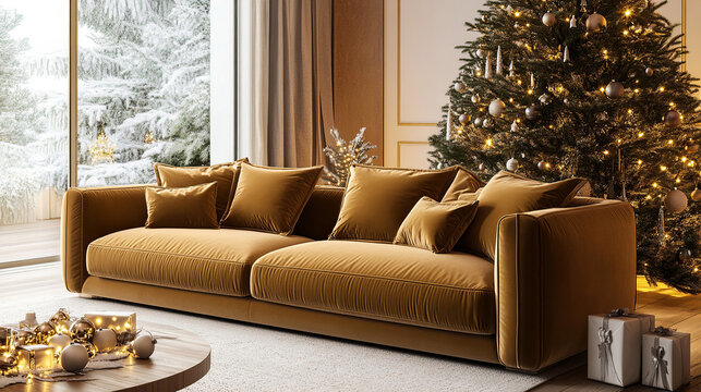 imagine a luxurious interior. a room with a Christmas tree. luxurious sofa with Kohro fabric called Aubade. Super modern, but looks very Christmassy