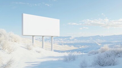 Serene Winter Wonderland: Blank Billboard on Snowy Hillside Overlooking Valley and Mountains