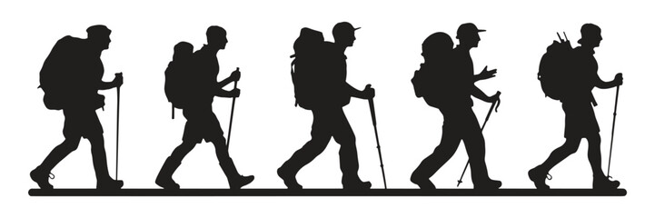 Hikers walking silhouette group outdoor adventure. isolated vector on white background.