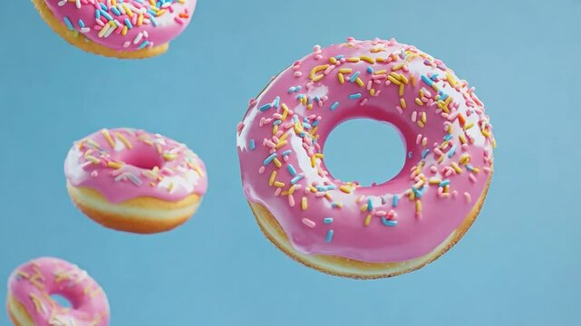 Colorful pink frosted donuts with sprinkles elegantly hover against a bright blue backdrop, creating a playful dessert atmosphere