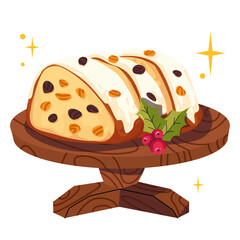 Stollen. Sweet bread with raisins in winter time. Traditional german pastry for christmas,advent time. Austrian Stollen cake. Sweet national pastries in white glaze for the holiday Christmas