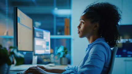 Focused professional woman coding in modern office at night
