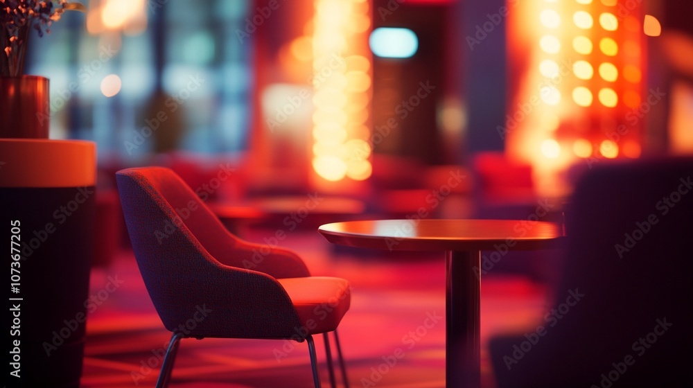 Poster intimate lounge setting with plush red armchair and sleek table, bathed in warm ambient lighting cre