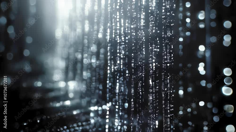 Poster a dark corridor filled with streaming white binary code, creating a futuristic and immersive digital