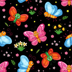 Seamless pattern with cute with different butterflies on a black background. Vector illustration with insect in cartoon style.