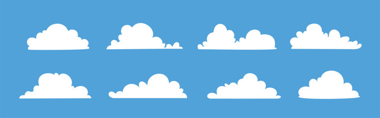 white cloud illustration collection, cartoon cloud set in flat design with blue sky