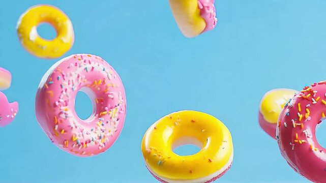 Bright colorful donuts with sprinkles are floating against a light blue background