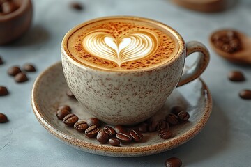 A cup of latte art with a heart design, surrounded by coffee beans.