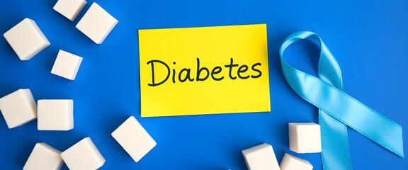 Diabetes Awareness Concept by Blue Ribbon and Sugar Cubes