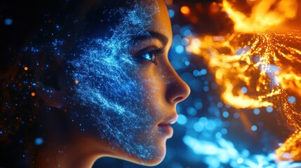 Obraz premium Woman Gazing at a Blue Digital World