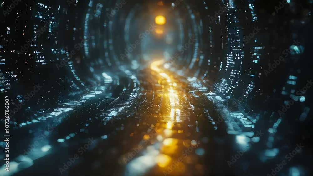 Poster abstract tunnel with golden and blue lights representing data streams, creating a sci-fi, high-tech 