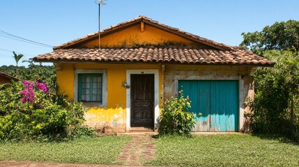 small house with a gable roof made of ceramic tiles, an entrance hall and garage on the right side with a separate roof, located in Brazil, AI Generative