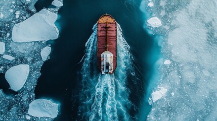 An aerial view of a cargo ship sailing through an icy channel.