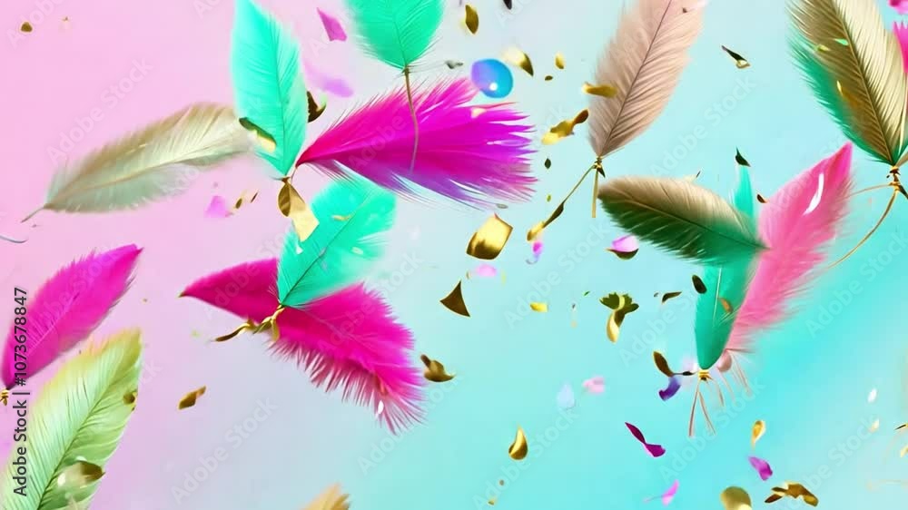 Poster bright feathers and shimmering confetti fill the air in a vibrant display, creating a festive and jo
