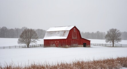 Snowfall covers red barn and fields in serene winter landscape.