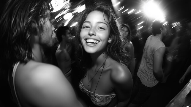 candid street shot of models at night club, motion blur with flash and fish-eye lens, clubbing night club scene