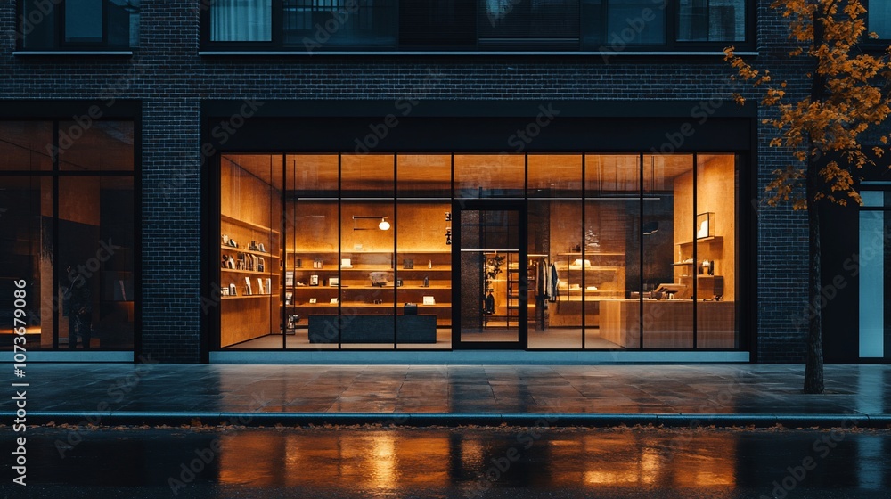 Poster A storefront with large windows showcasing a warmly lit interior, with a wet sidewalk in the foreground and a tree with yellow leaves to the right.