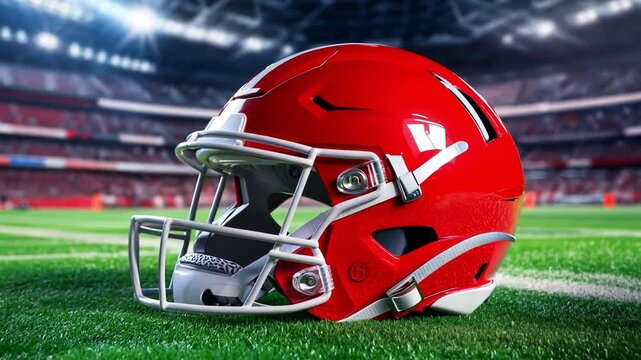 A vibrant red american football helmet rests on the turf symbolizing the start of sport championship games