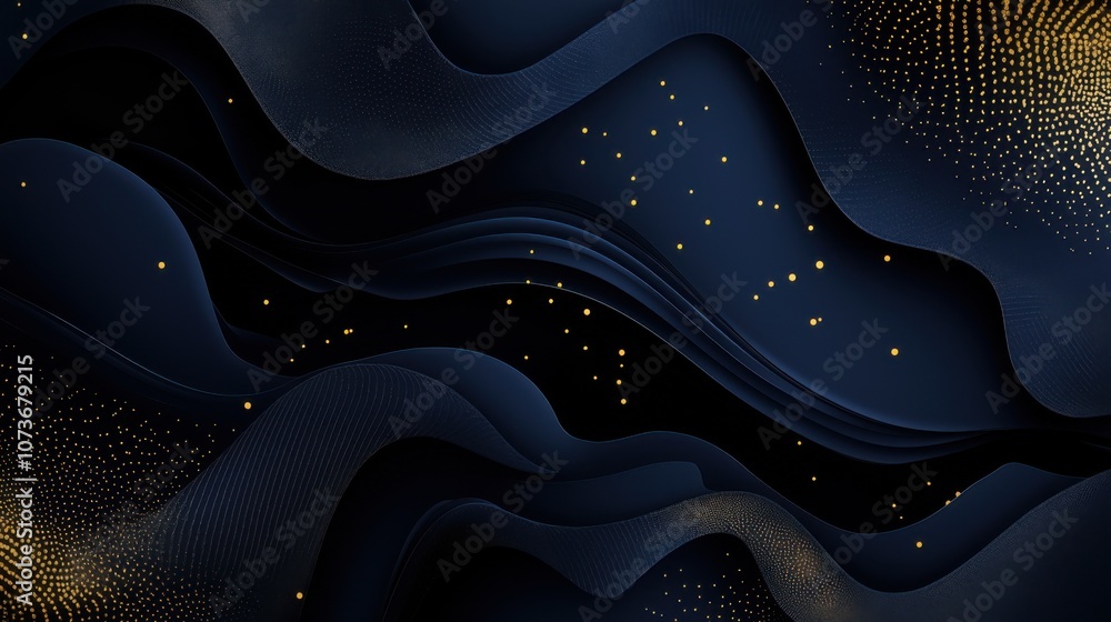 Poster abstract dark waves with golden dots create a serene depth in a minimalist artistic composition