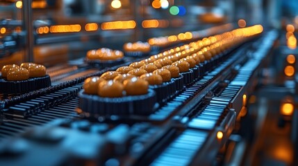 Conveyor belt with orange items in an industrial setting.