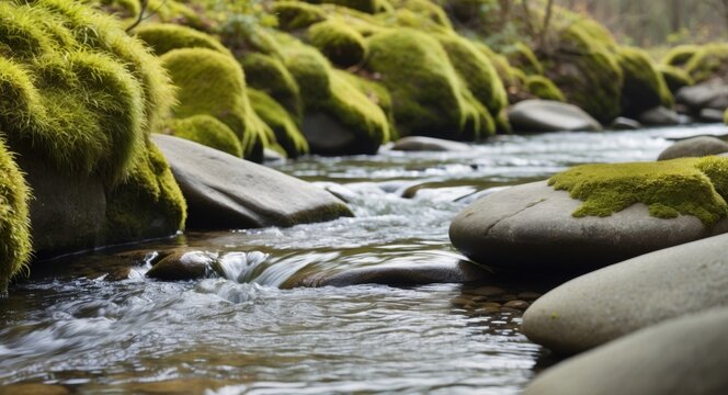 Sparkling Creek Flowing Over Smooth Rocks and Lush Green Moss.
