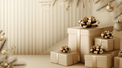 Elegant gift boxes adorned with golden ribbons and bows arranged in a festive setting during the holiday season