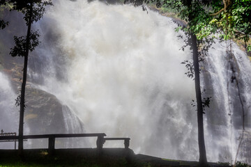 Abstract blurred background of a stream flowing rapidly from rocks in a deep forest, natural waterfalls that occur naturally during the rainy season, the completeness of the ecosystem, fresh air.