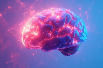 Obraz premium A digital rendering of a human brain with glowing pink and blue accents. The image conveys ideas of thought, learning, and the mind.