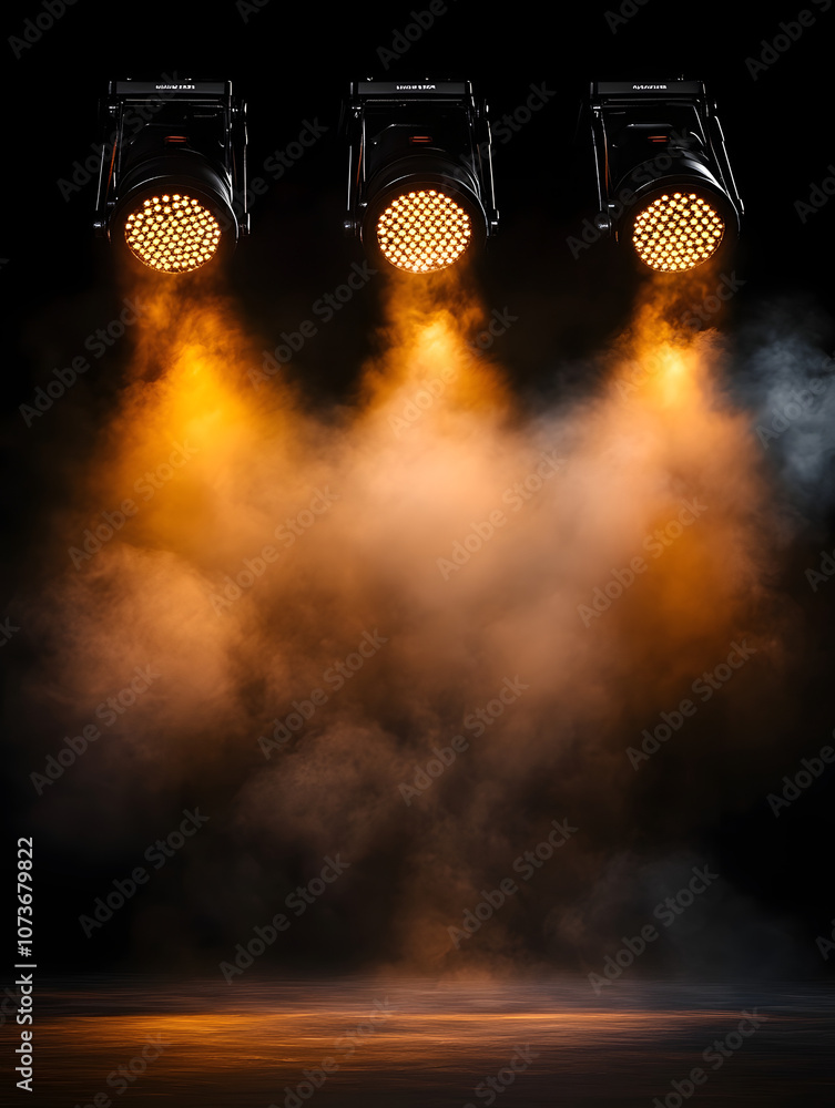 Aufkleber an image of three stage spotlights with smoke and haze on a black background. the lights are pointed
