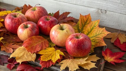 Apples in a wicker basket surrounded by autumn leaves